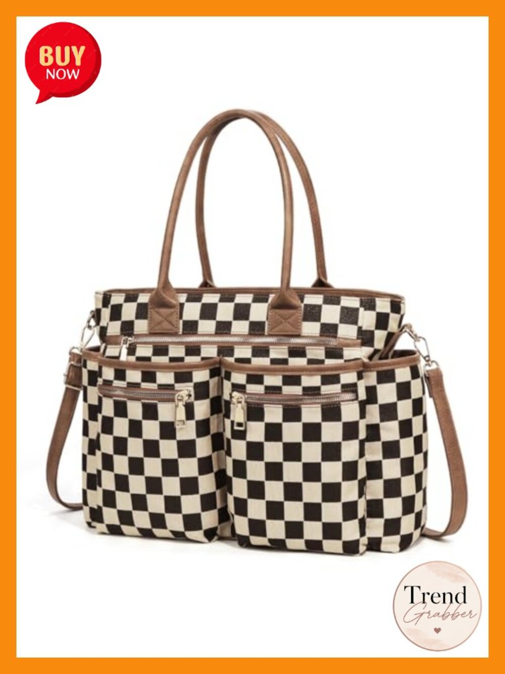 Canvas and PU Leather Checkered Tote Bag Crossbody with Zipper